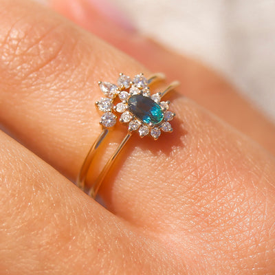 Solid 14kt Gold Teal Sapphire and Diamond Fleurette Ring