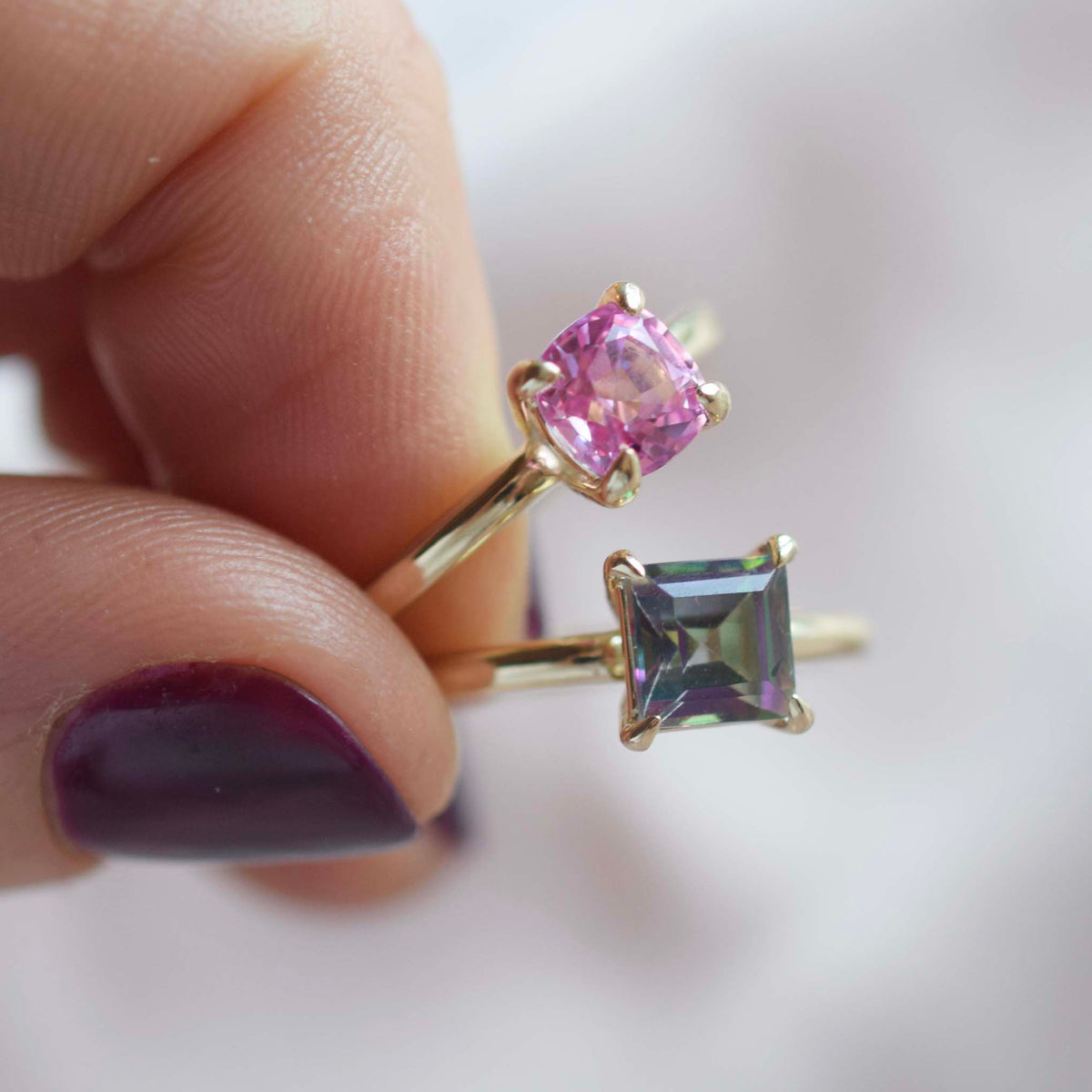 Solid Gold Pink Sapphire Cushion Cut Ring