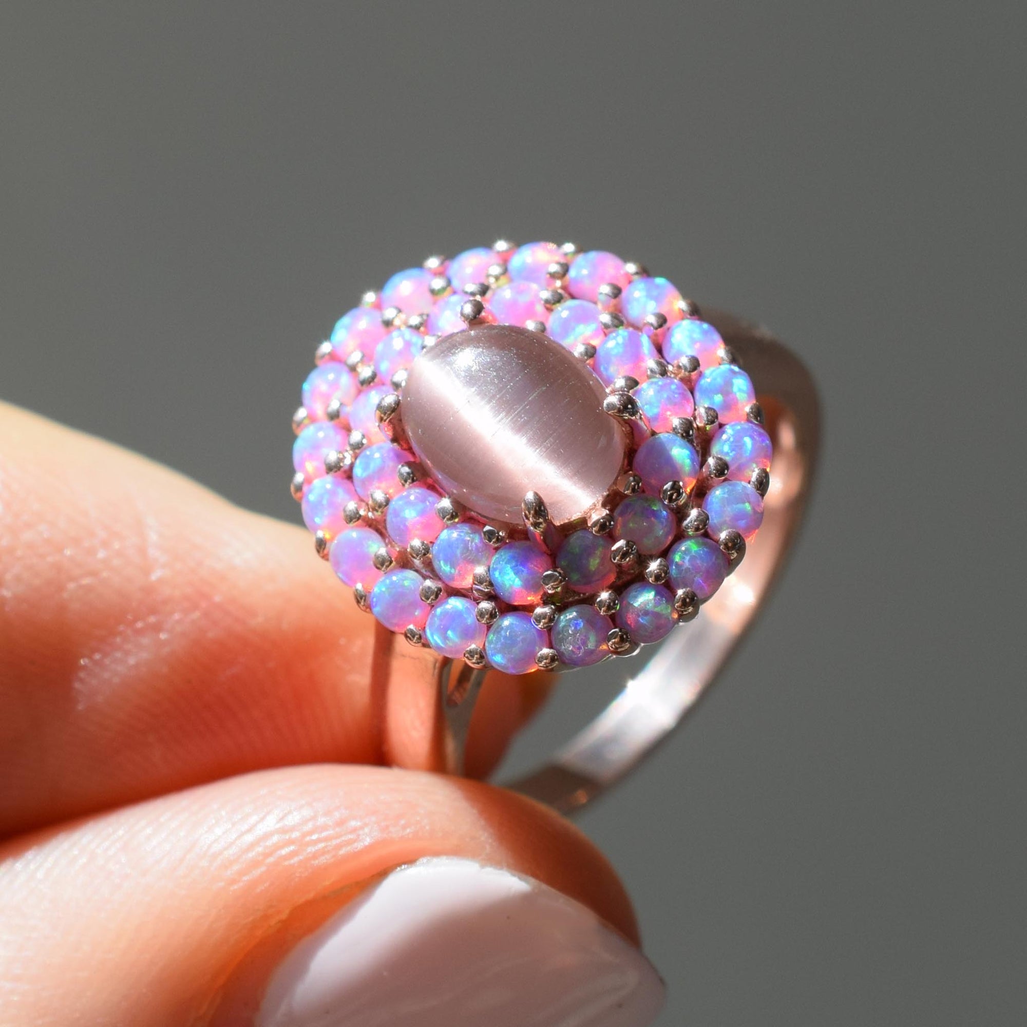Rose Gold Pink Opal & Cats Eye Moonstone Crown Ring