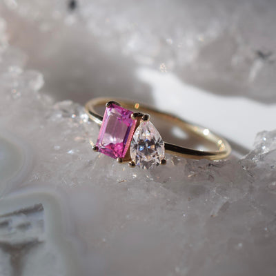 14kt Gold Pink Sapphire & Topaz Moi and Toi Ring