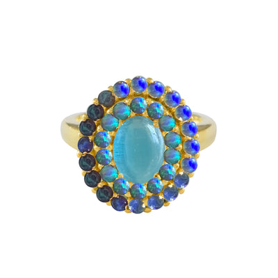 Blue Cats Eye Opal Ombre Vintage Crown Ring