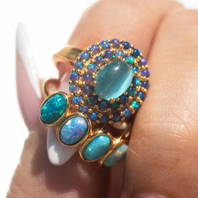 Blue Cats Eye Opal Ombre Vintage Crown Ring