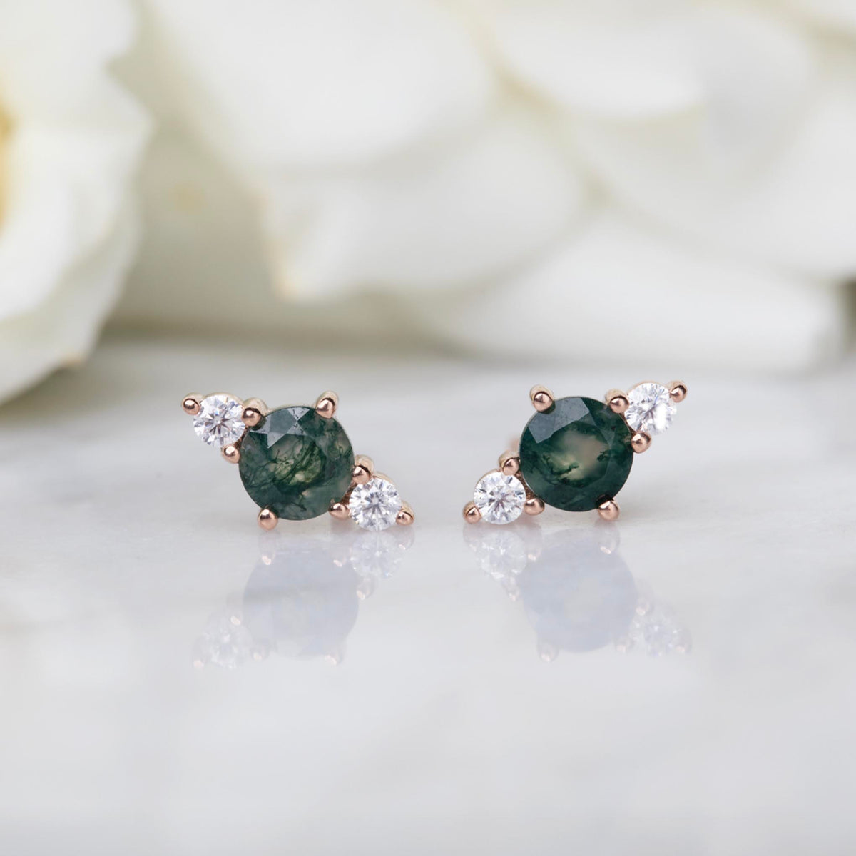 14kt Rose Gold Moss Agate & Moissanite Triage Studs