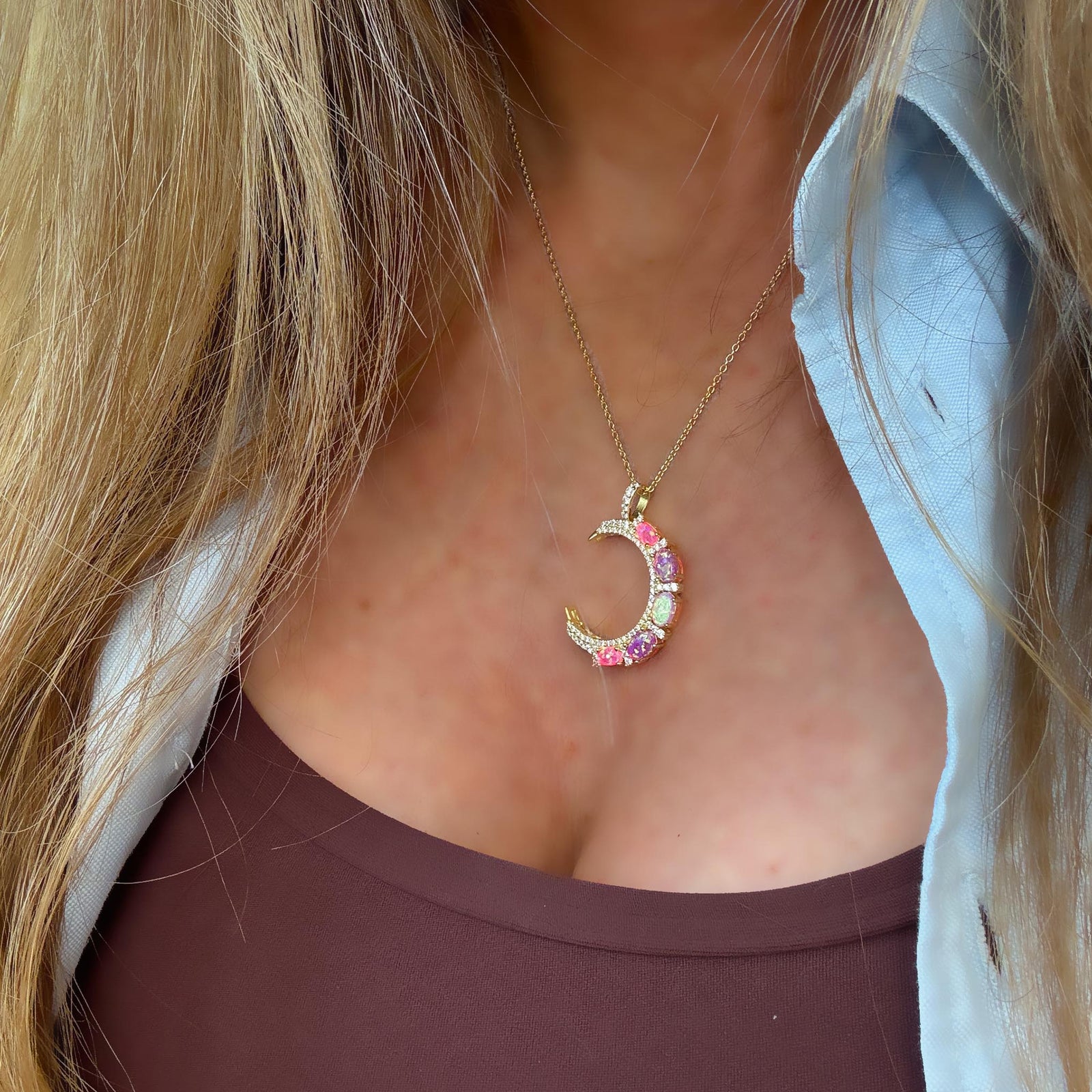 Pink Opal Crescent Moon Pendant