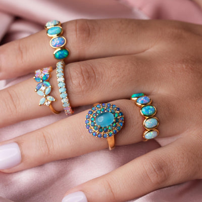 Blue Cats Eye Opal Ombre Vintage Crown Ring