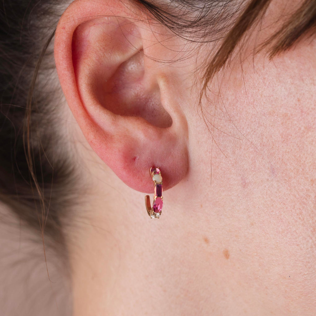 9kt Gold Pink Topaz, Opal, Rhodolite Garnet Bella Hoops