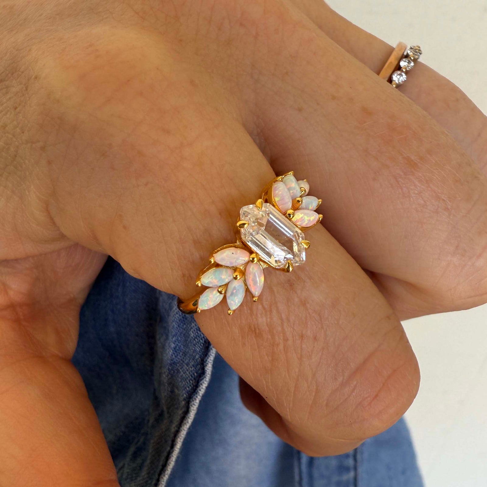 Pink Opal Ombre and Topaz Lotus Ring