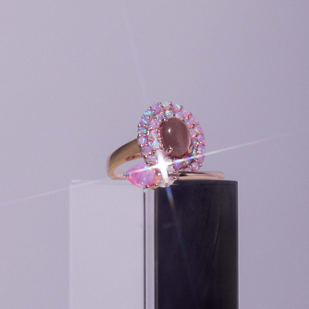 Rose Gold Pink Opal & Cats Eye Moonstone Crown Ring