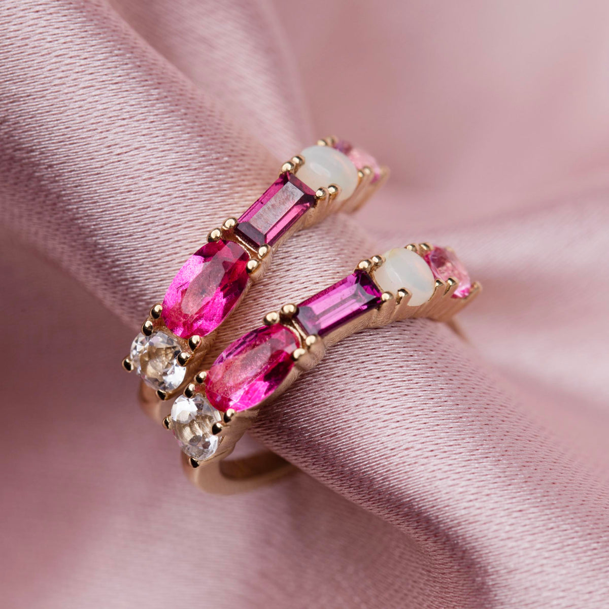 9kt Gold Pink Topaz, Opal, Rhodolite Garnet Bella Hoops