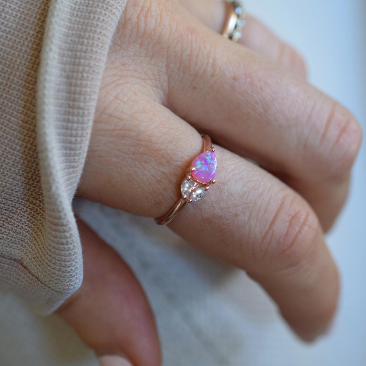 Rose Gold Pink Opal Leaflet Ring