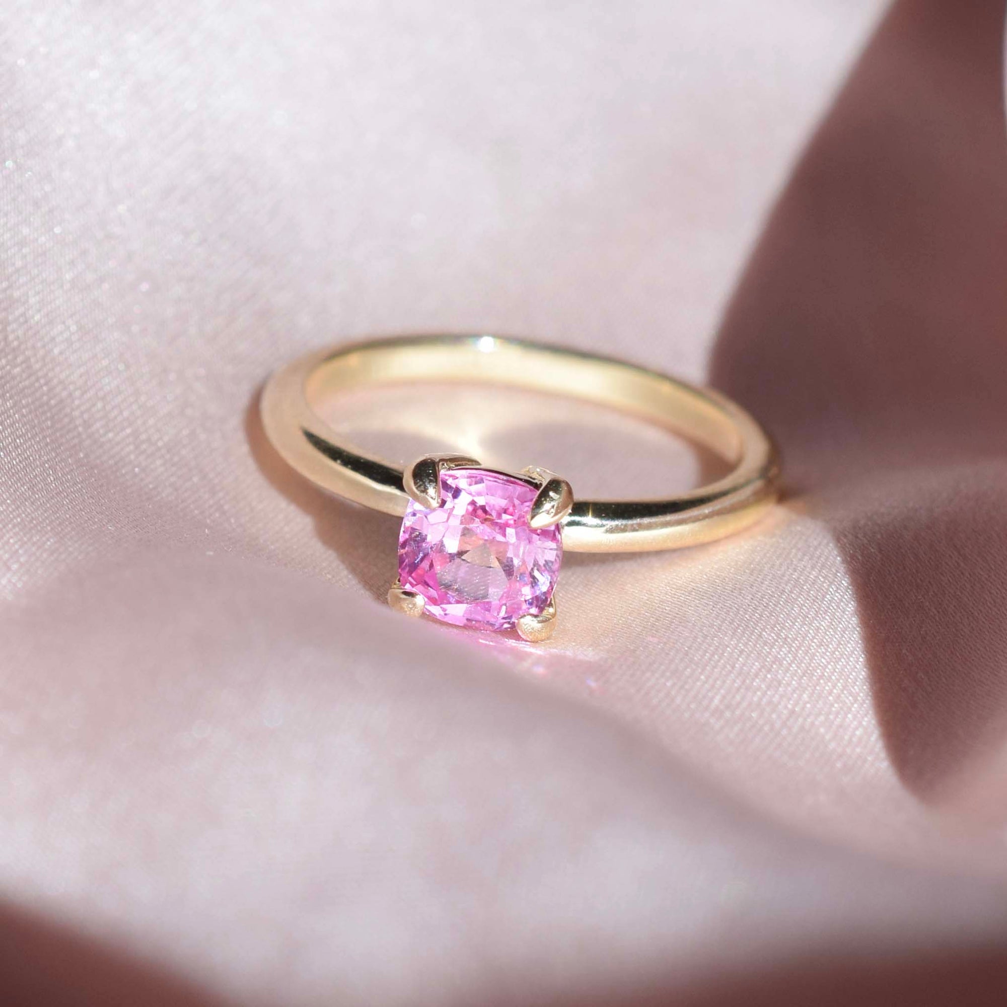 Solid Gold Pink Sapphire Cushion Cut Ring