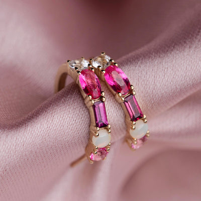 9kt Gold Pink Topaz, Opal, Rhodolite Garnet Bella Hoops