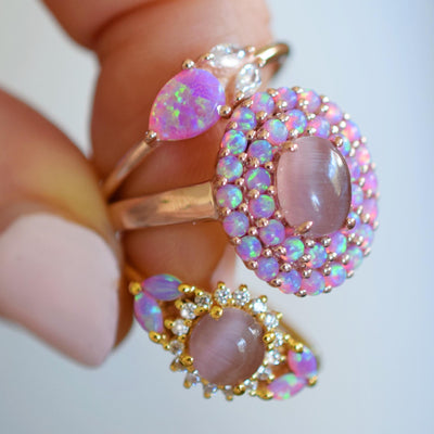 Rose Gold Pink Opal & Cats Eye Moonstone Crown Ring