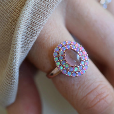 Rose Gold Pink Opal & Cats Eye Moonstone Crown Ring
