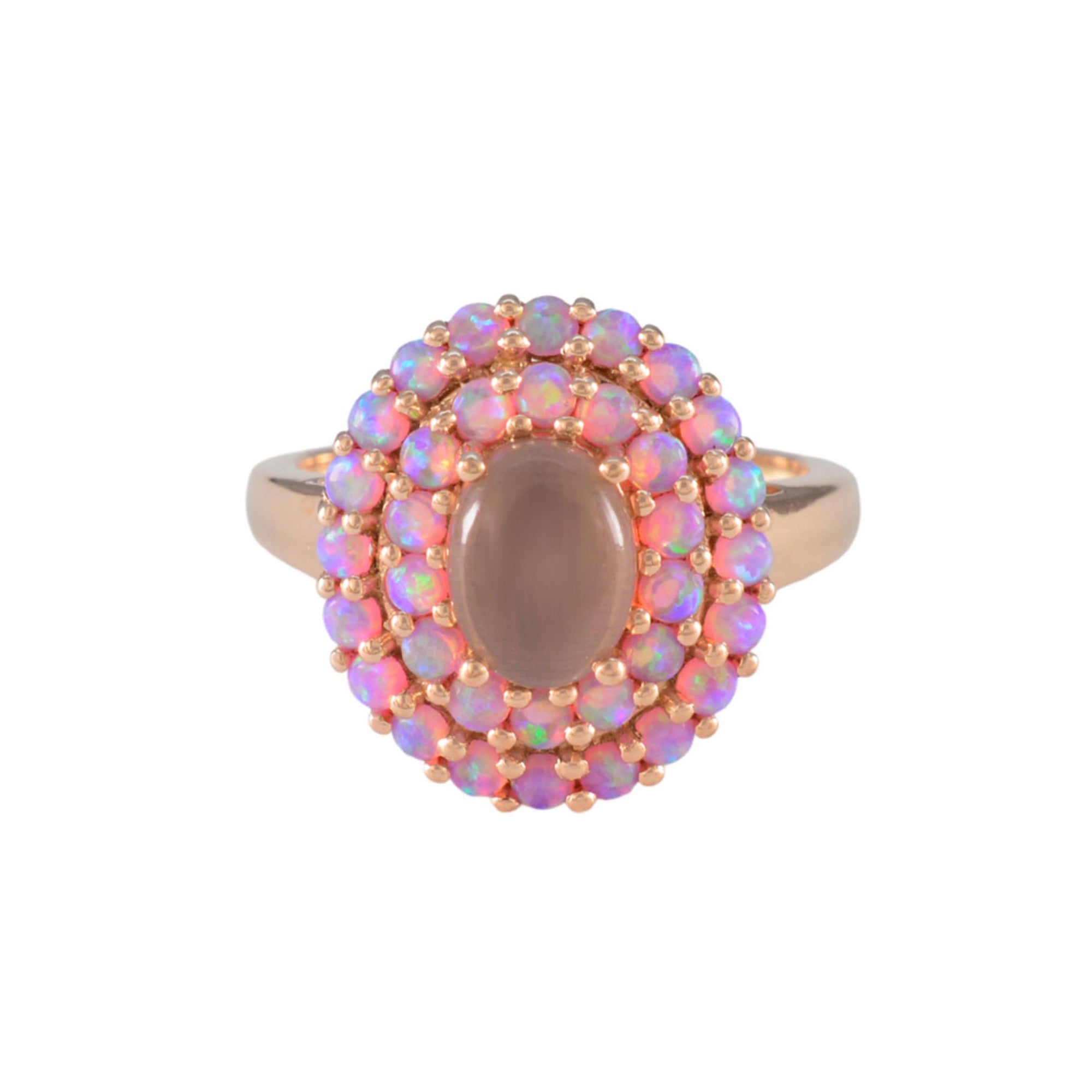 Rose Gold Pink Opal & Cats Eye Moonstone Crown Ring