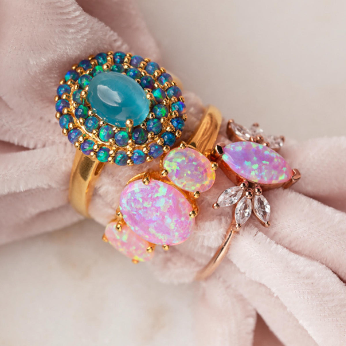 Blue Cats Eye Opal Ombre Vintage Crown Ring