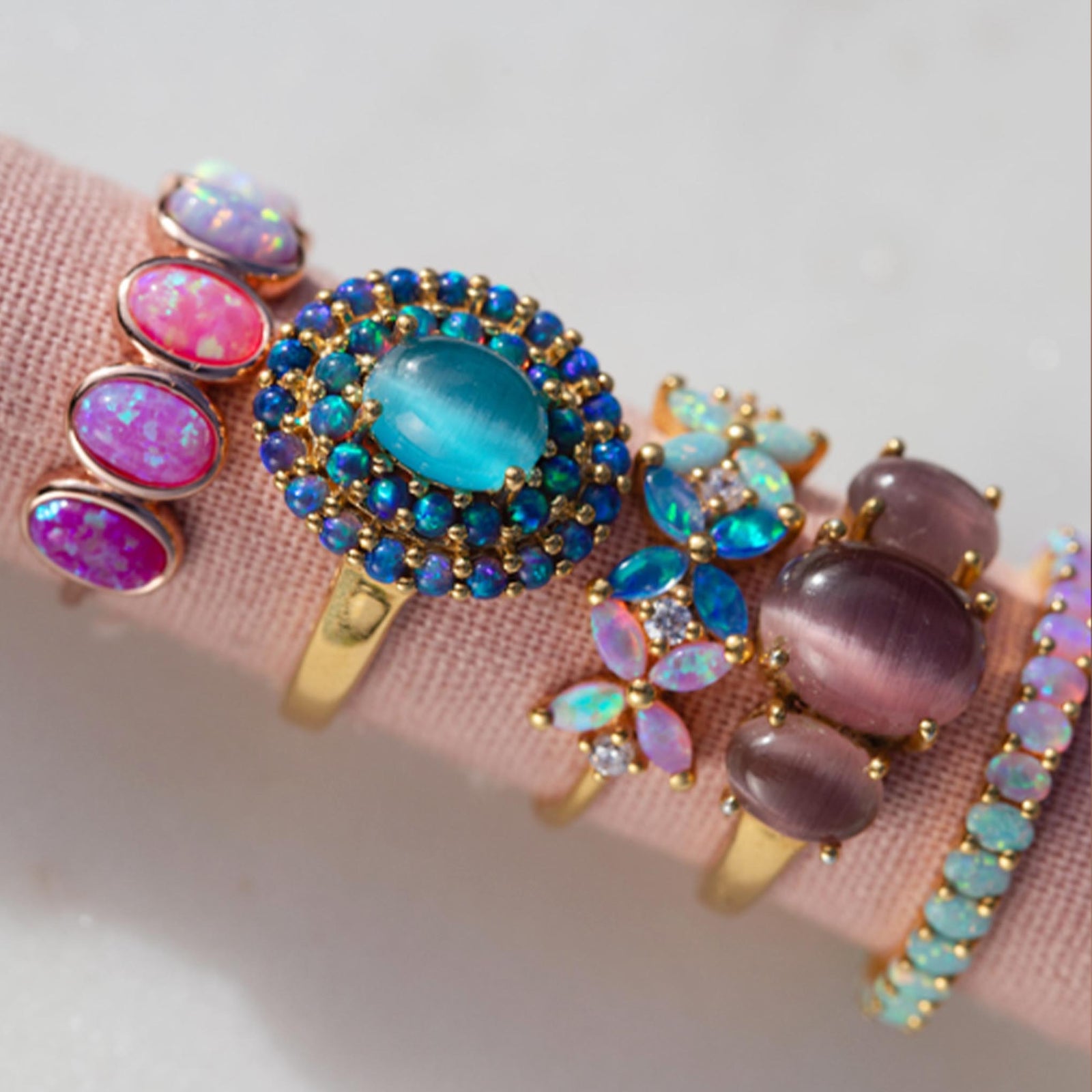 Blue Cats Eye Opal Ombre Vintage Crown Ring