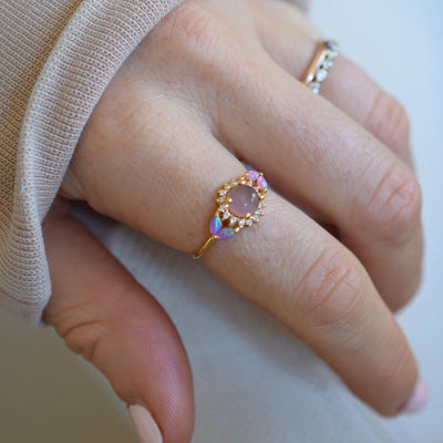 Pink Opal & Cats Eye Moonstone Sunflower Ring