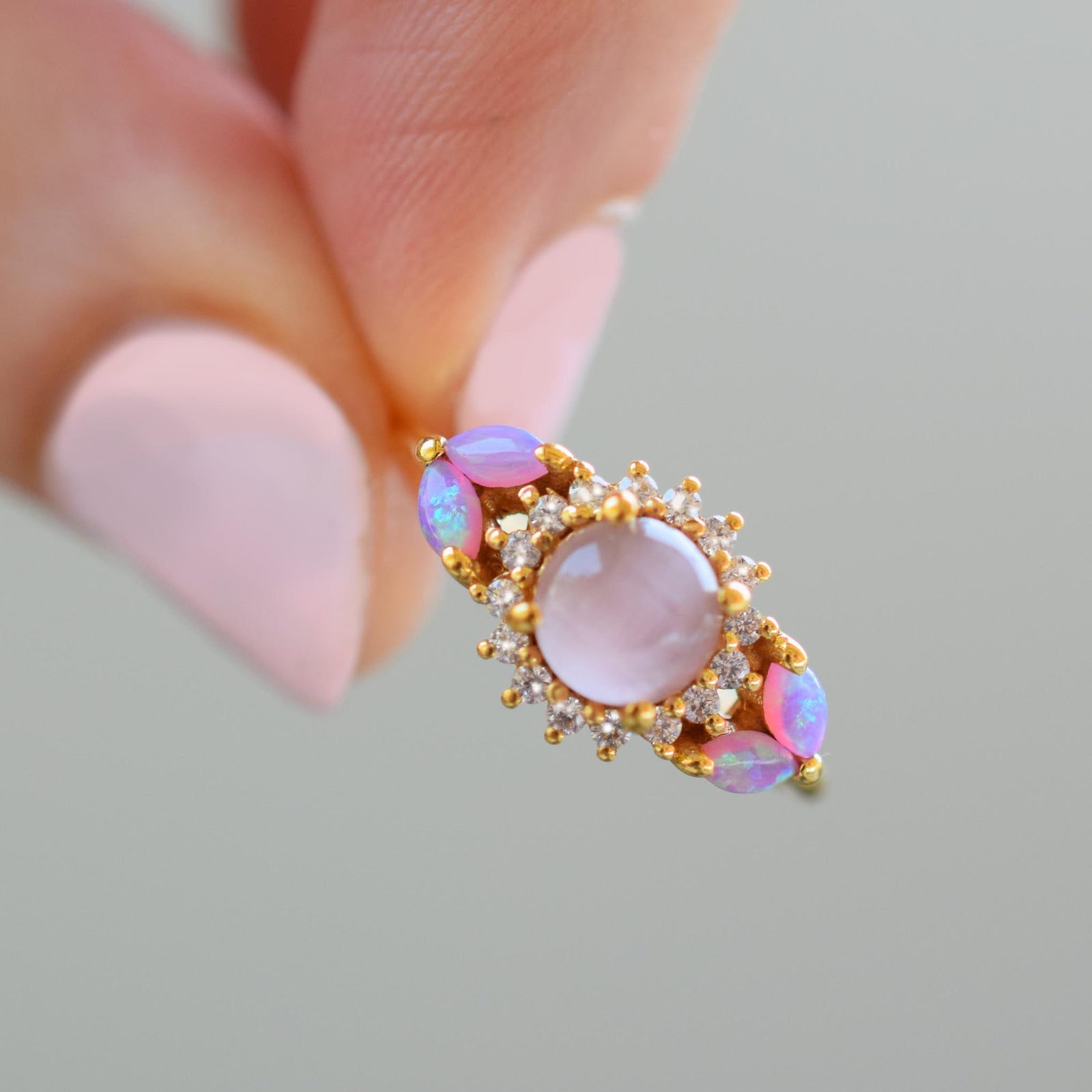 Pink Opal & Cats Eye Moonstone Sunflower Ring