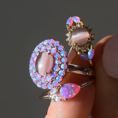 Rose Gold Pink Opal & Cats Eye Moonstone Crown Ring