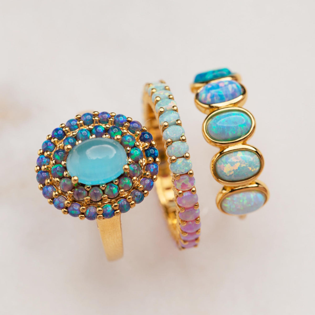 Blue Cats Eye Opal Ombre Vintage Crown Ring