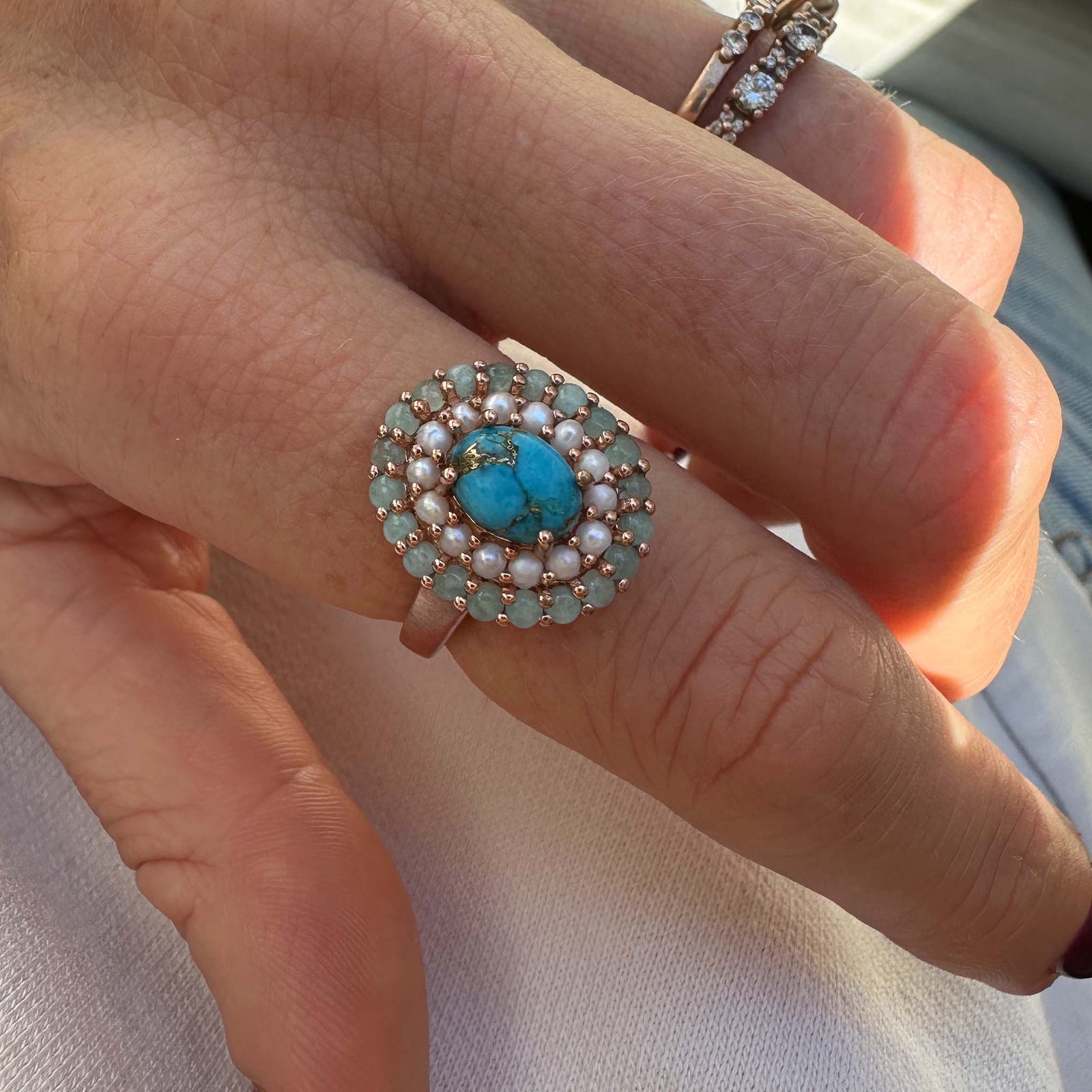 Rose Gold Copper Turquoise Vintage Crown Ring
