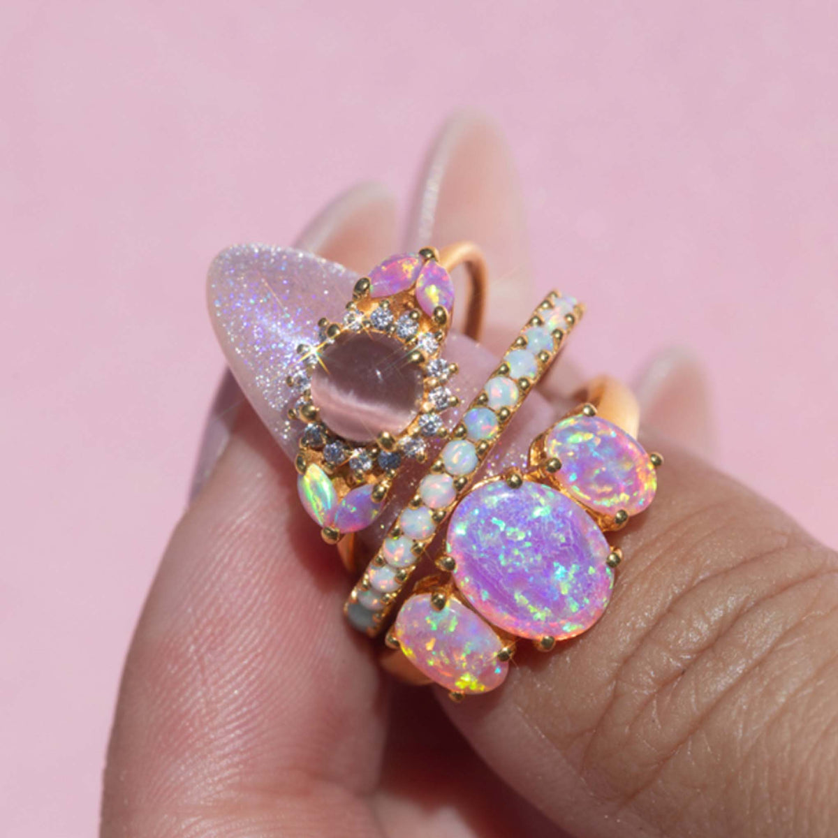 Pink Opal & Cats Eye Moonstone Sunflower Ring