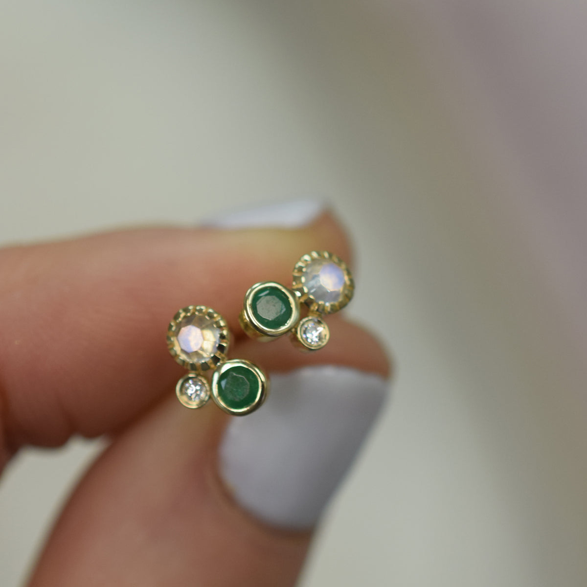 14kt Gold Emerald, Rainbow Moonstone & Diamond Cluster Studs