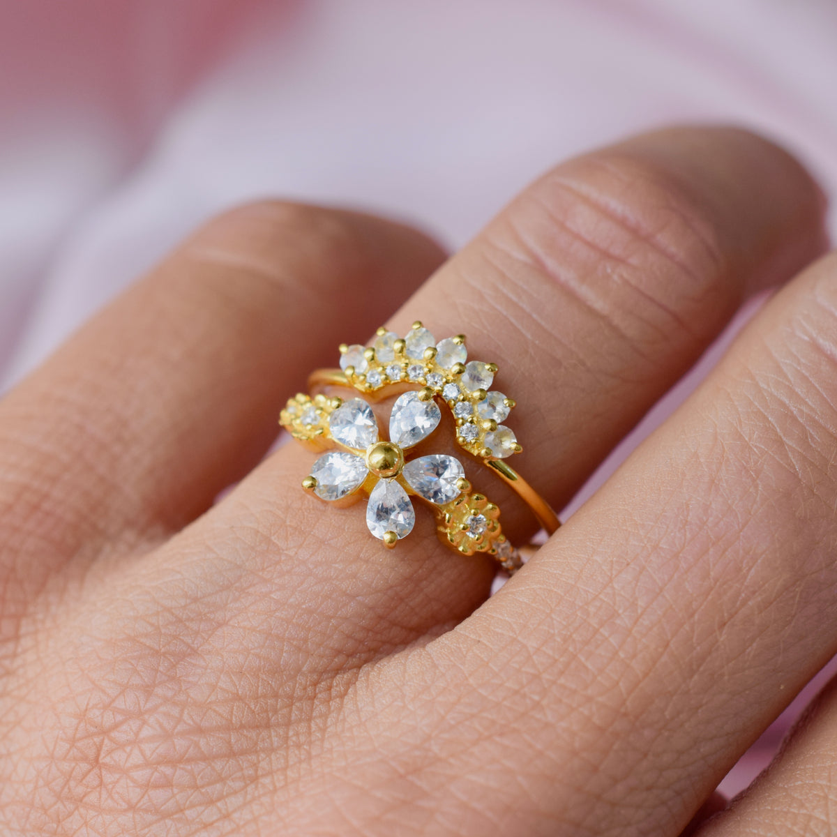 Moonstone and Diamond Rainbow Arc Ring