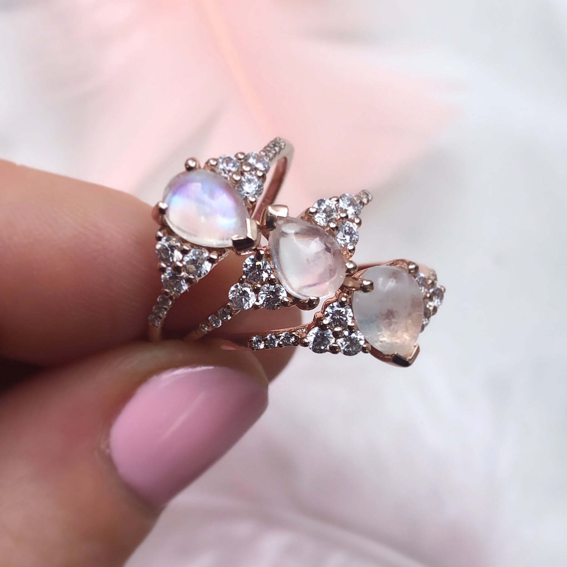 Rainbow Moonstone and Diamond Misty Ring
