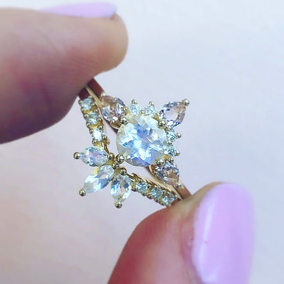 9kt Gold Rainbow Moonstone, Morganite and Diamond Unicorn Ring