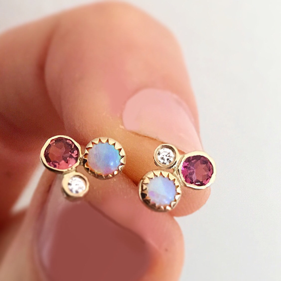 14kt Gold Opal, Diamond and Pink Tourmaline Cluster Studs
