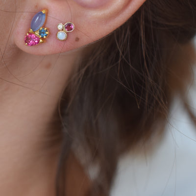 14kt Gold Opal, Diamond and Pink Tourmaline Cluster Studs