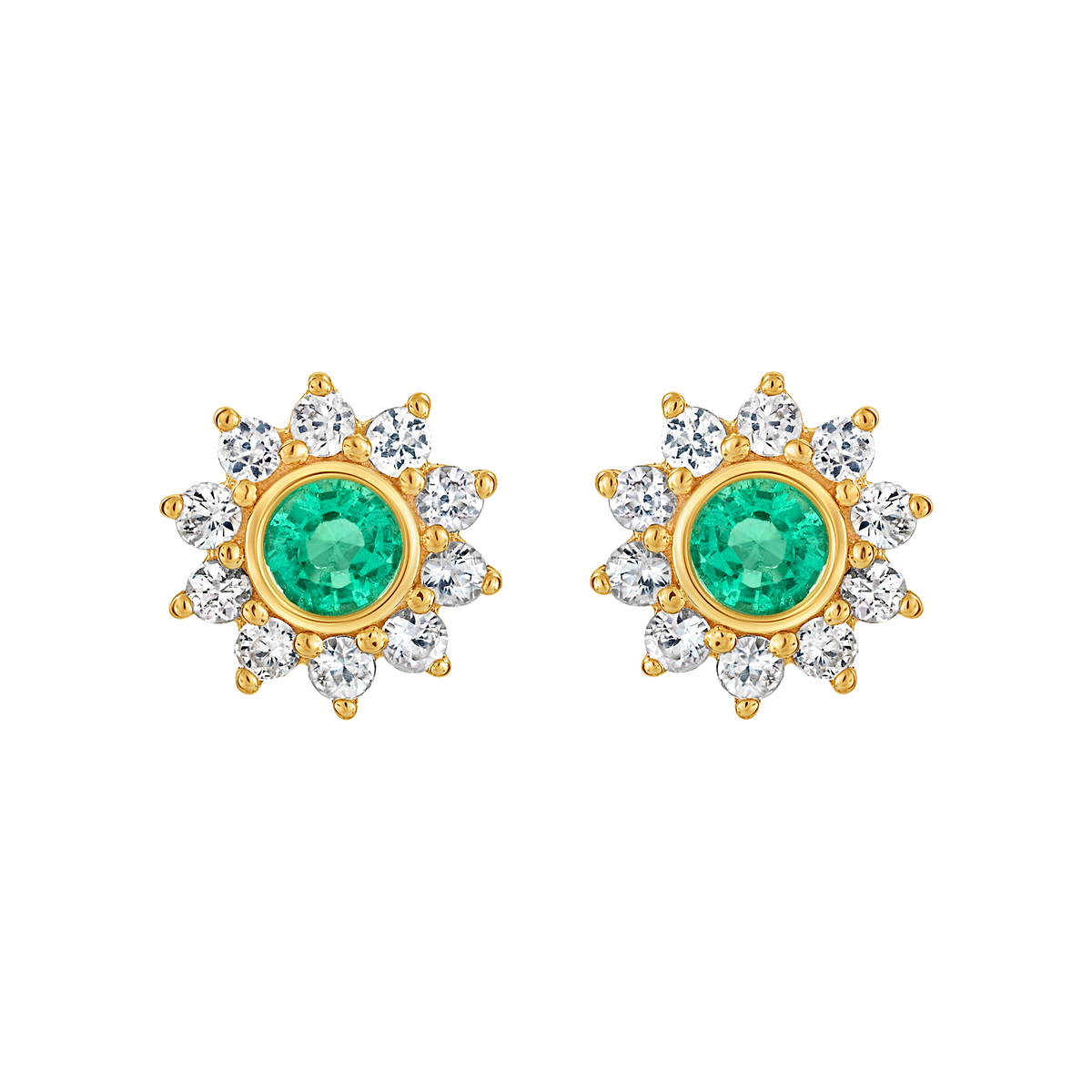 Solid Gold Emerald & Sapphire Sunflower Studs