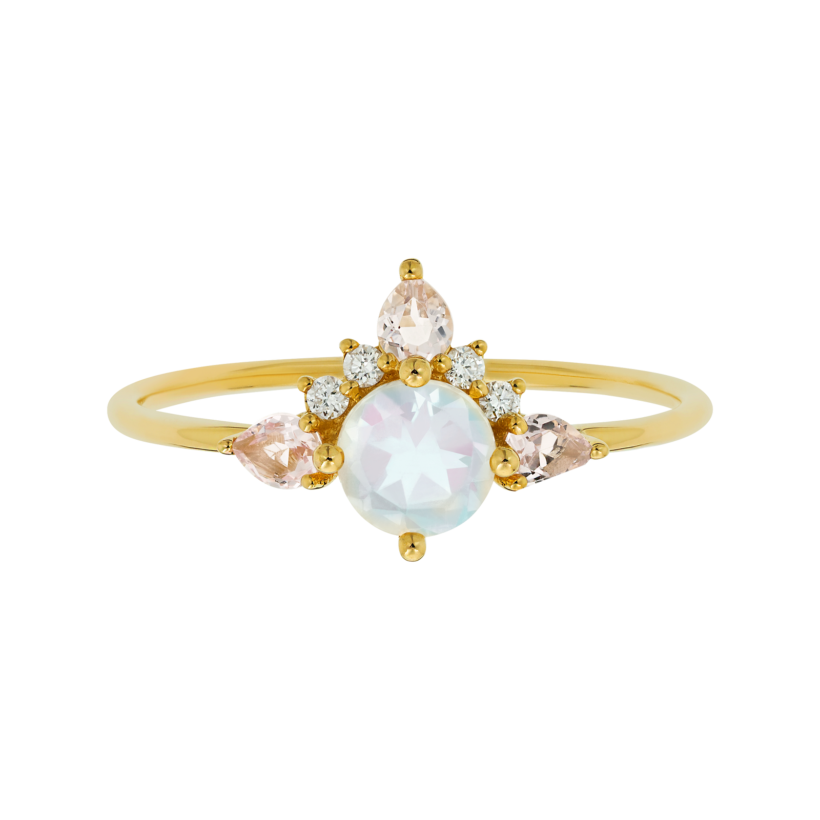 9kt Gold Rainbow Moonstone, Morganite and Diamond Unicorn Ring