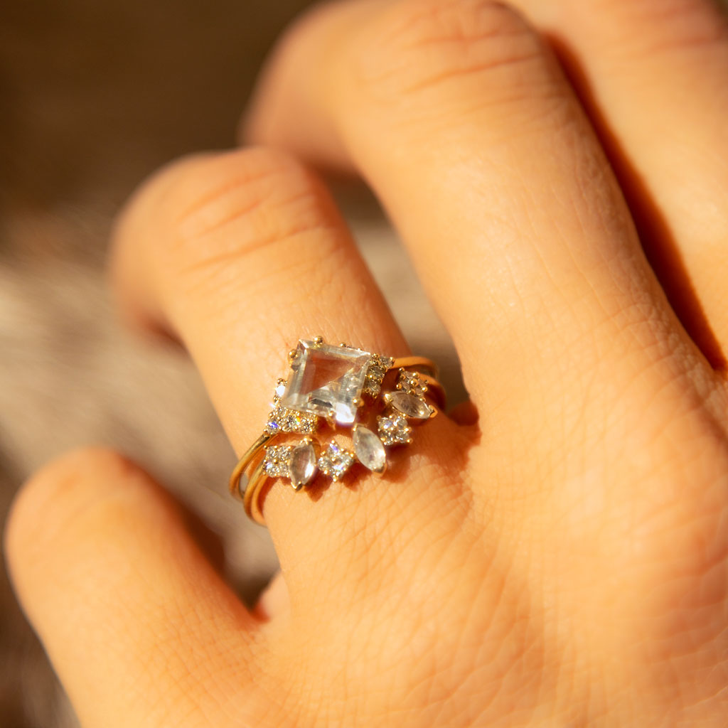 Solid Gold Diamond & Topaz Aphrodite Shield Ring