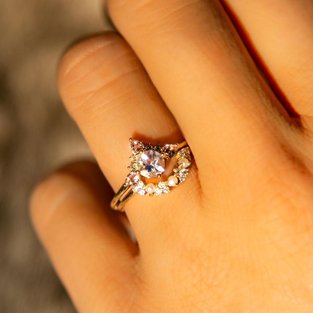 9kt Gold Rainbow Moonstone, Morganite and Diamond Unicorn Ring