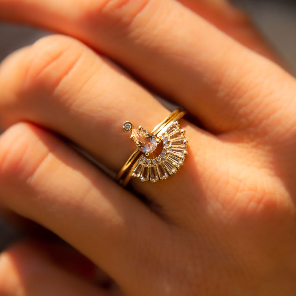 Solid Gold Diamond & Topaz Illuminating Baguette Arc Ring