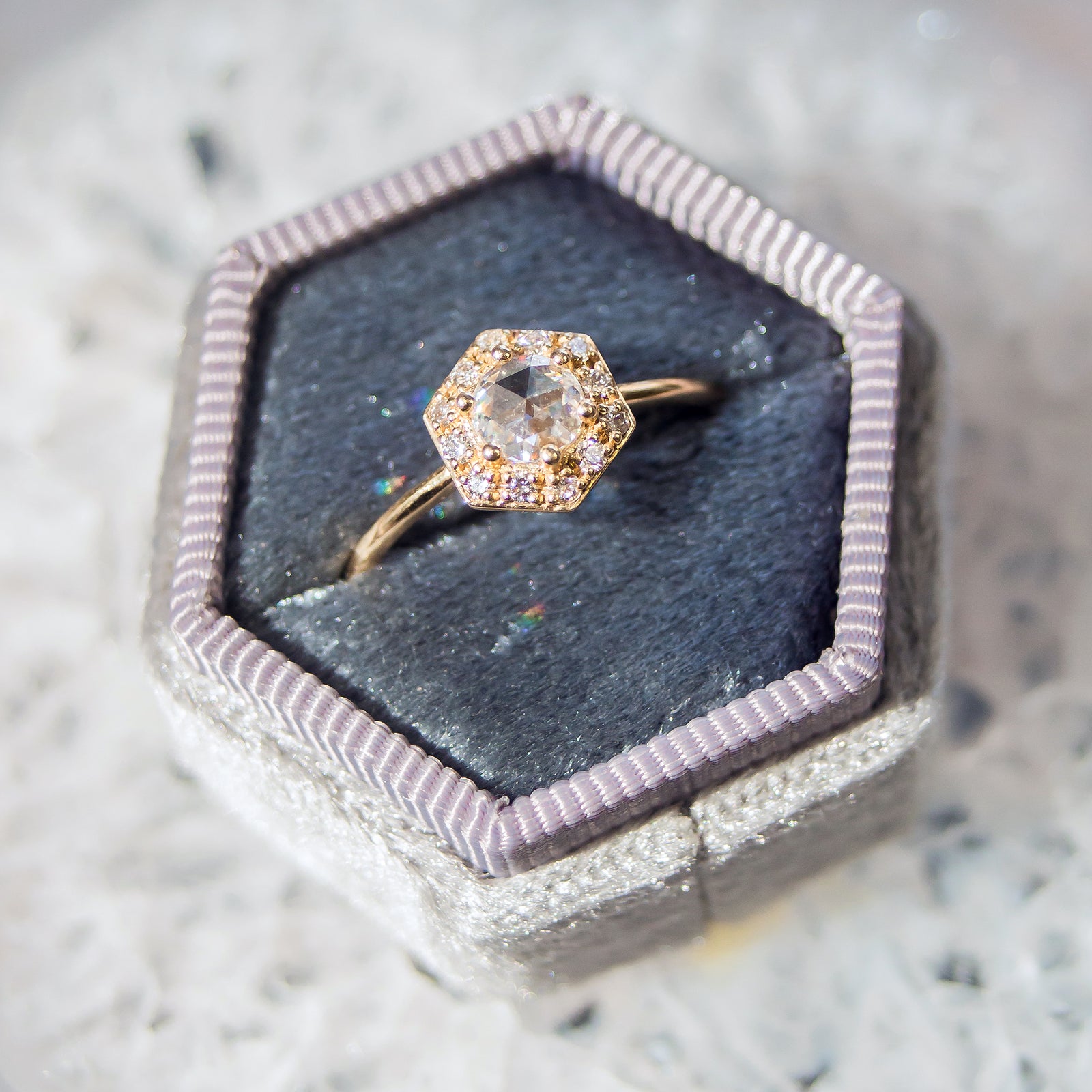 14kt Gold Rose Cut Moissanite & Diamond Victorian Belle Ring