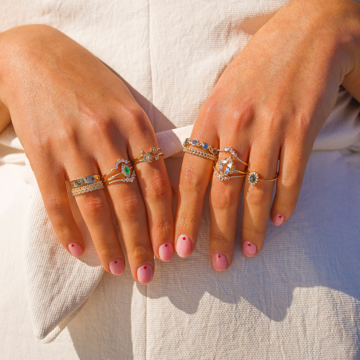 Solid 14kt Gold Teal Sapphire and Diamond Fleurette Ring