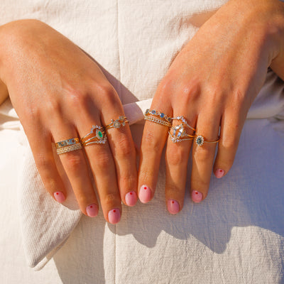Solid 14kt Gold Teal Sapphire and Diamond Fleurette Ring