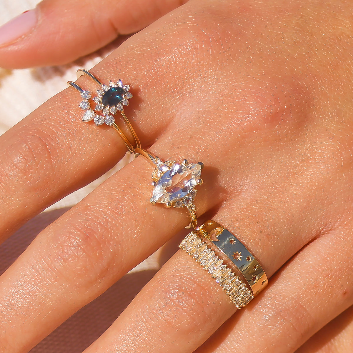 14kt Gold Teal Sapphire Water Fairy Stack
