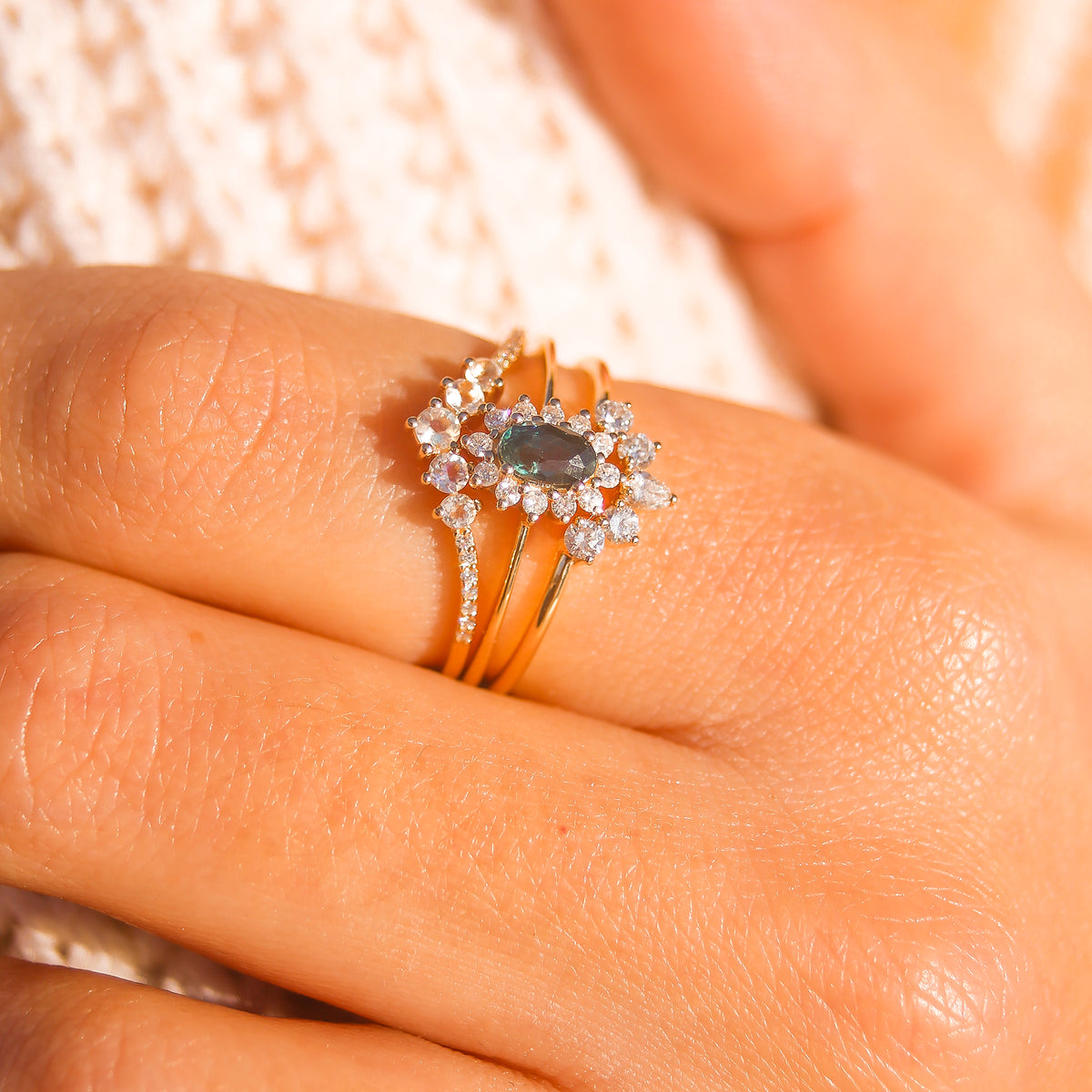 Solid 14kt Gold Teal Sapphire and Diamond Fleurette Ring
