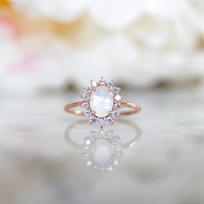 Rose Gold Rainbow Moonstone & Diamond Clarissa Ring