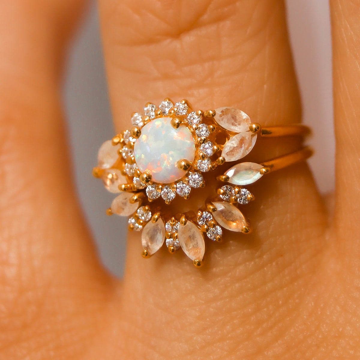 Rainbow Moonstone & Diamond Sunrise Arc Ring