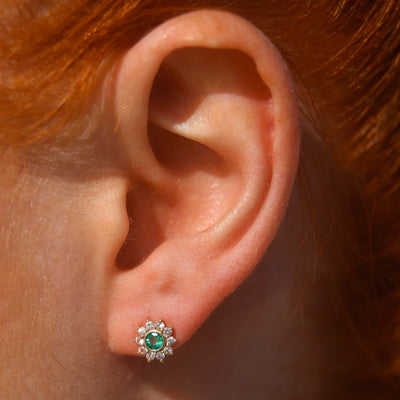 Solid Gold Emerald & Sapphire Sunflower Studs