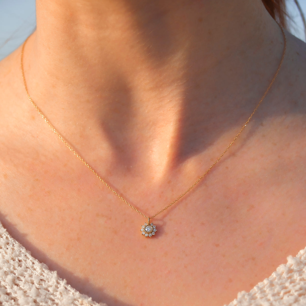 Solid 14kt Gold Diamond Sunflower Pendant