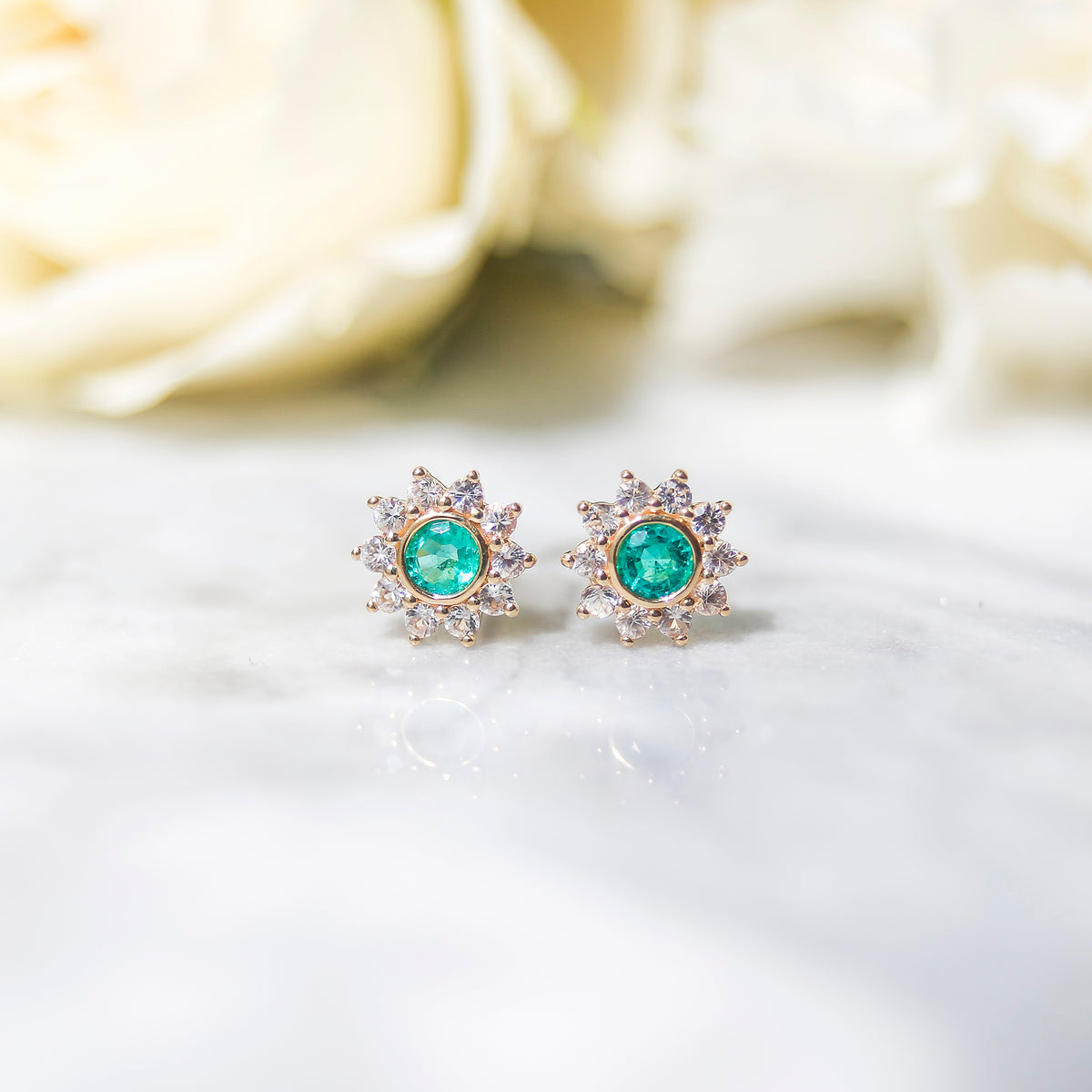 Solid Gold Emerald & Sapphire Sunflower Studs