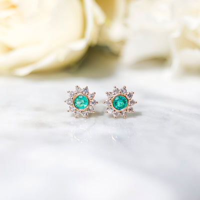 Solid Gold Emerald & Sapphire Sunflower Studs