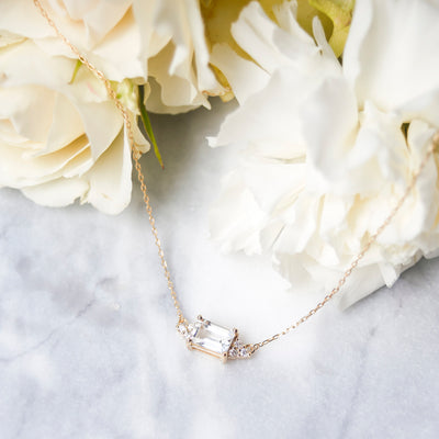 Solid Gold White Topaz & Diamond Baguette Pendant